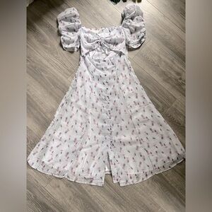 Quanta du Soliel de Paris Amour Puff Sleeve Cutout Floral Prairie Midi Dress S